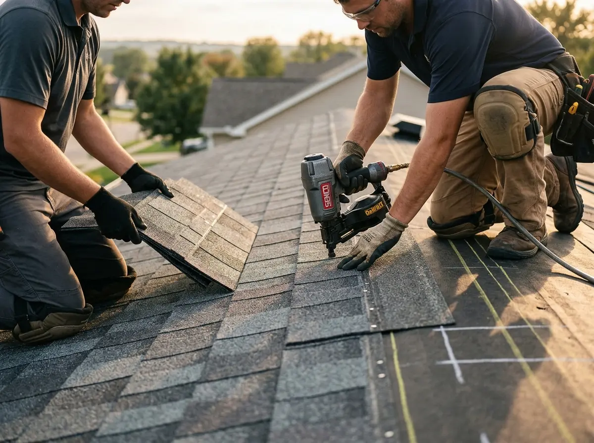 Professional roofer working on a residential roof in Prosper